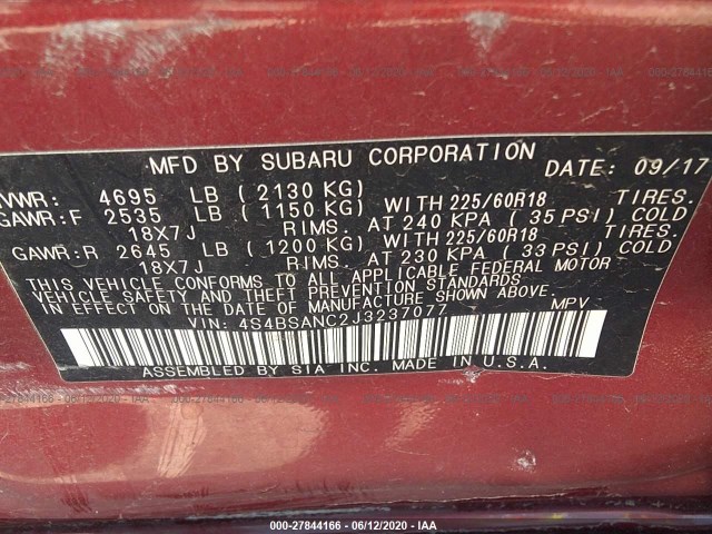 Photo 8 VIN: 4S4BSANC2J3237077 - SUBARU OUTBACK 