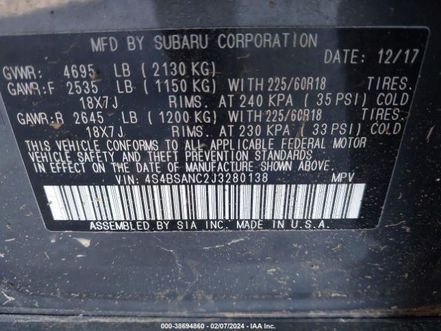 Photo 8 VIN: 4S4BSANC2J3280138 - SUBARU OUTBACK 