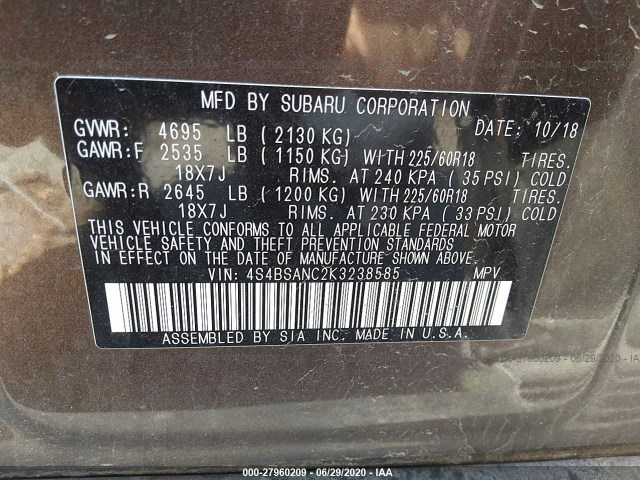 Photo 8 VIN: 4S4BSANC2K3238585 - SUBARU OUTBACK 