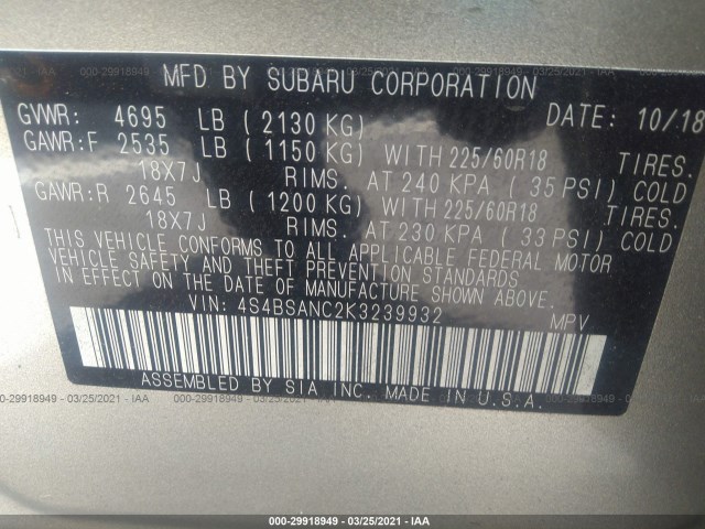 Photo 8 VIN: 4S4BSANC2K3239932 - SUBARU OUTBACK 