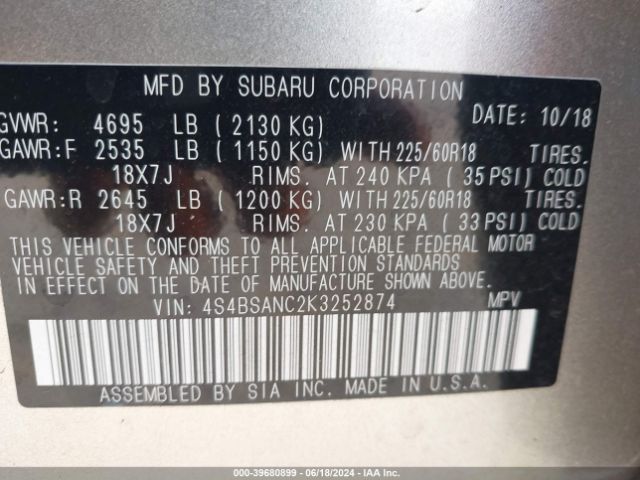 Photo 8 VIN: 4S4BSANC2K3252874 - SUBARU OUTBACK 