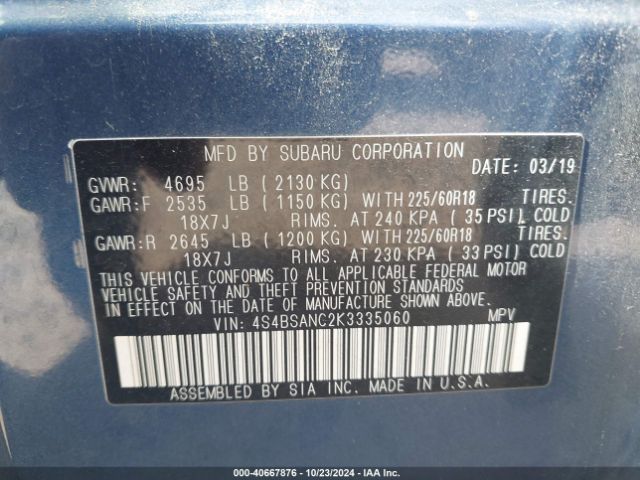 Photo 8 VIN: 4S4BSANC2K3335060 - SUBARU OUTBACK 