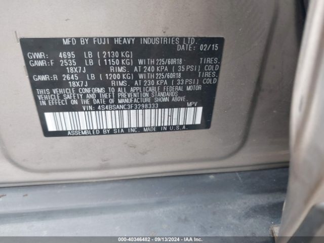 Photo 8 VIN: 4S4BSANC3F3298333 - SUBARU OUTBACK 