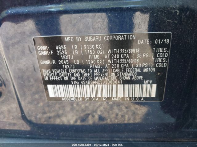 Photo 8 VIN: 4S4BSANC3J3300641 - SUBARU OUTBACK 