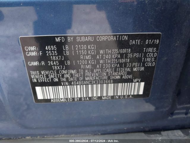 Photo 8 VIN: 4S4BSANC3K3303668 - SUBARU OUTBACK 