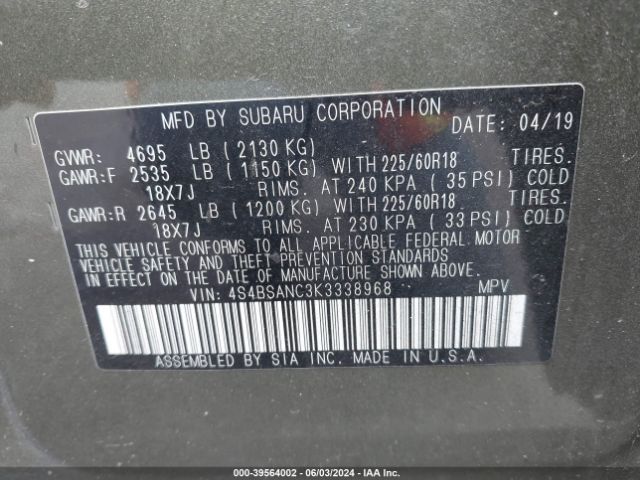 Photo 8 VIN: 4S4BSANC3K3338968 - SUBARU OUTBACK 