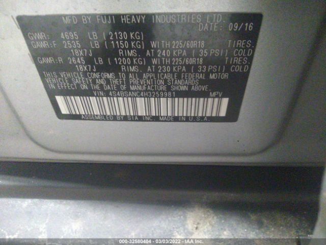 Photo 8 VIN: 4S4BSANC4H3259981 - SUBARU OUTBACK 