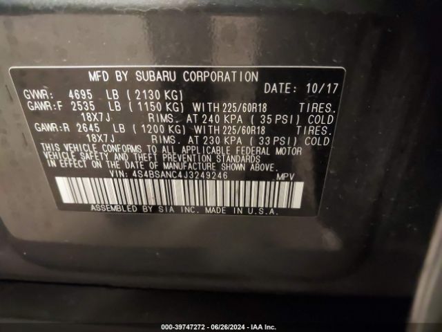 Photo 8 VIN: 4S4BSANC4J3249246 - SUBARU OUTBACK 