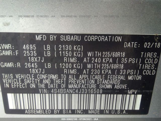 Photo 8 VIN: 4S4BSANC4J3316508 - SUBARU OUTBACK 