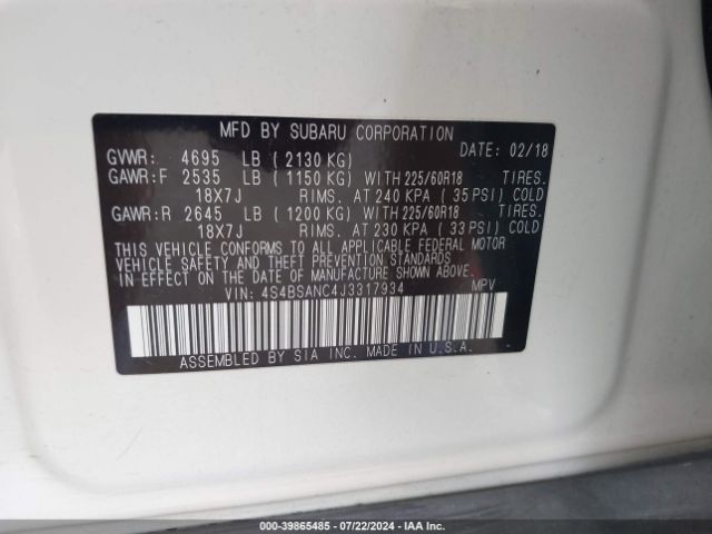 Photo 8 VIN: 4S4BSANC4J3317934 - SUBARU OUTBACK 