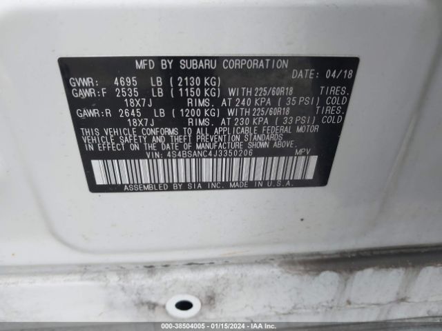 Photo 8 VIN: 4S4BSANC4J3350206 - SUBARU OUTBACK 