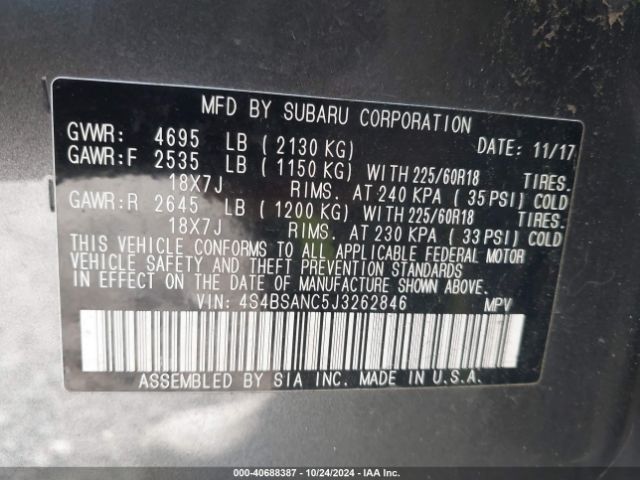 Photo 8 VIN: 4S4BSANC5J3262846 - SUBARU OUTBACK 