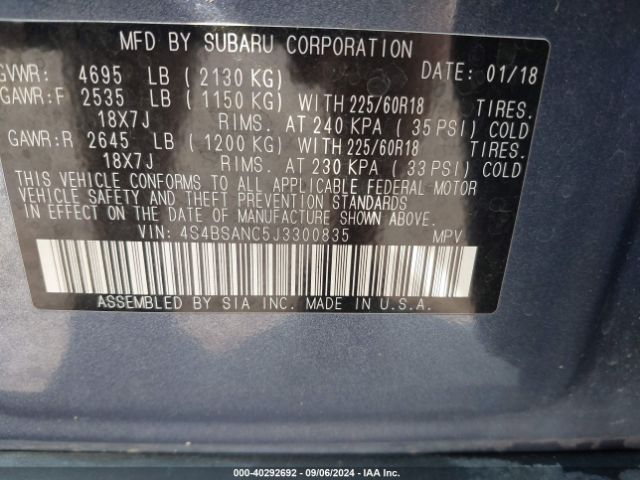 Photo 8 VIN: 4S4BSANC5J3300835 - SUBARU OUTBACK 