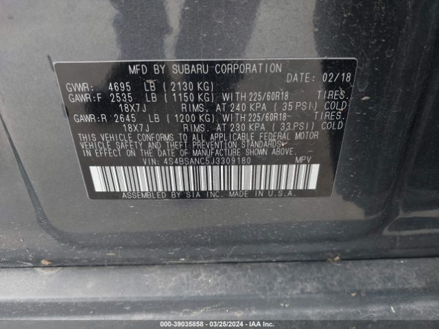 Photo 8 VIN: 4S4BSANC5J3309180 - SUBARU OUTBACK 