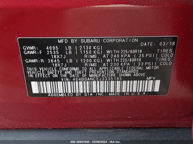 Photo 8 VIN: 4S4BSANC5J3335195 - SUBARU OUTBACK 