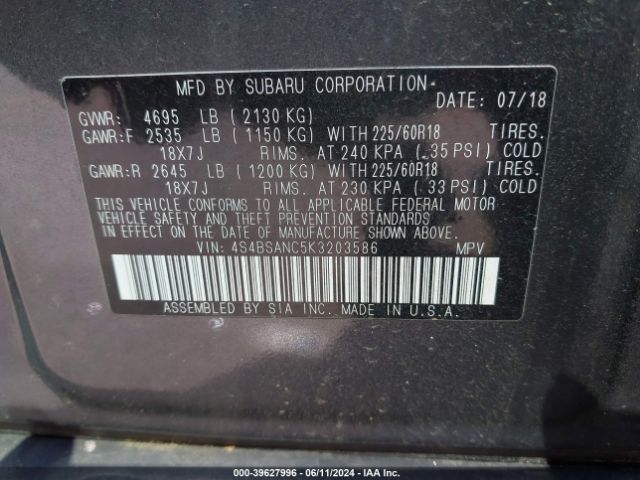 Photo 8 VIN: 4S4BSANC5K3203586 - SUBARU OUTBACK 