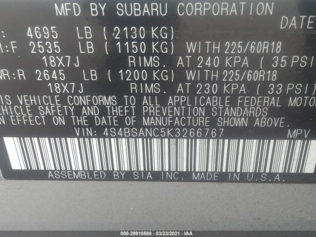 Photo 8 VIN: 4S4BSANC5K3266767 - SUBARU OUTBACK 