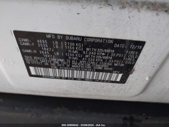 Photo 8 VIN: 4S4BSANC5K3283813 - SUBARU OUTBACK 