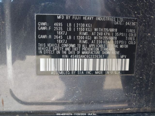 Photo 8 VIN: 4S4BSANC6G3326367 - SUBARU OUTBACK 