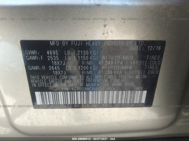 Photo 8 VIN: 4S4BSANC6H3311403 - SUBARU OUTBACK 