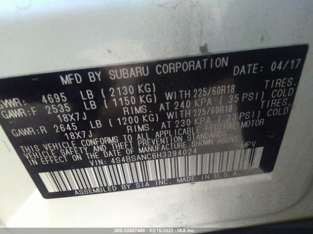 Photo 8 VIN: 4S4BSANC6H3394024 - SUBARU OUTBACK 