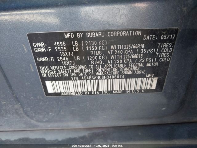 Photo 8 VIN: 4S4BSANC6H3406074 - SUBARU OUTBACK 