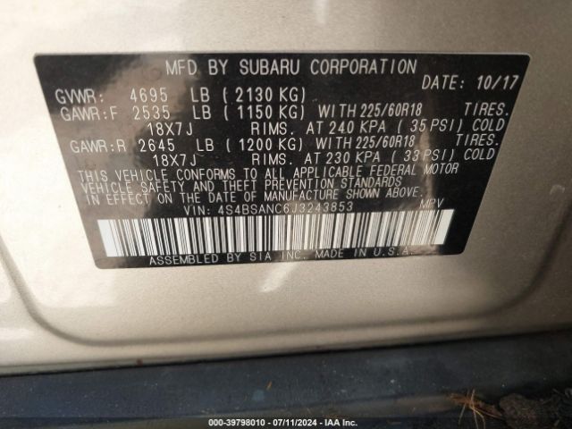 Photo 8 VIN: 4S4BSANC6J3243853 - SUBARU OUTBACK 