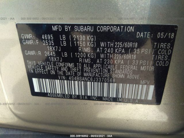 Photo 8 VIN: 4S4BSANC6J3370568 - SUBARU OUTBACK 