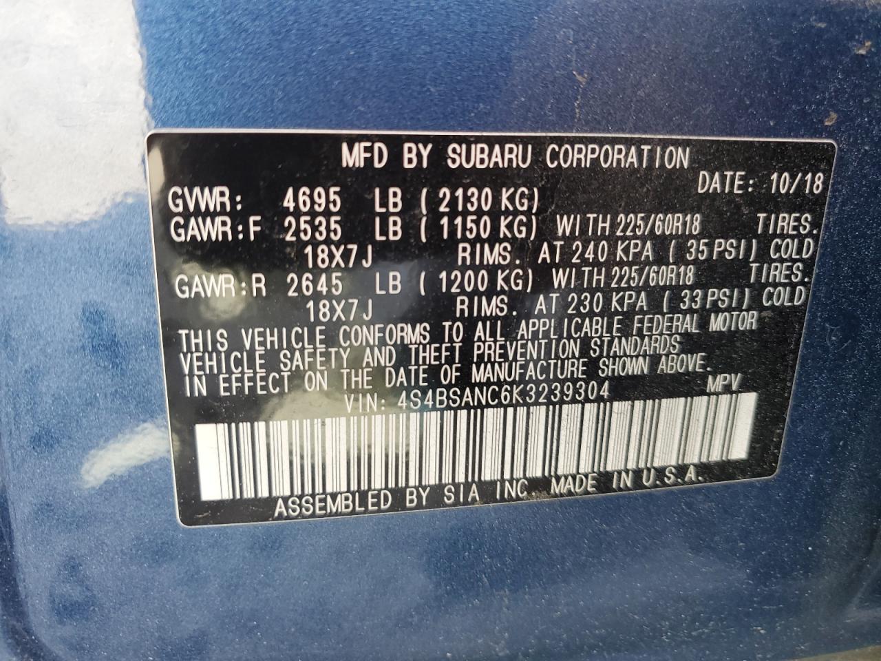 Photo 13 VIN: 4S4BSANC6K3239304 - SUBARU OUTBACK 