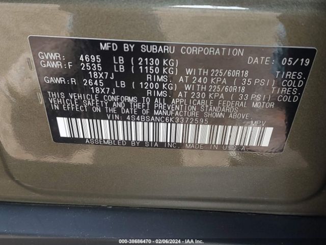 Photo 8 VIN: 4S4BSANC6K3372595 - SUBARU OUTBACK 