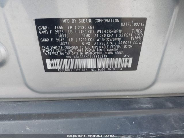 Photo 8 VIN: 4S4BSANC7J3315319 - SUBARU OUTBACK 