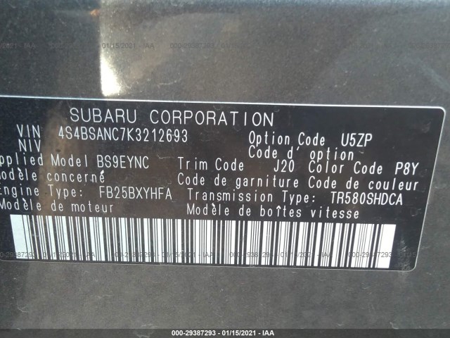 Photo 8 VIN: 4S4BSANC7K3212693 - SUBARU OUTBACK 