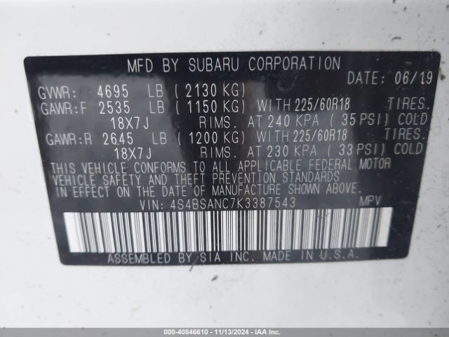 Photo 8 VIN: 4S4BSANC7K3387543 - SUBARU OUTBACK 