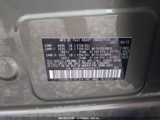 Photo 8 VIN: 4S4BSANC8H3380111 - SUBARU OUTBACK 