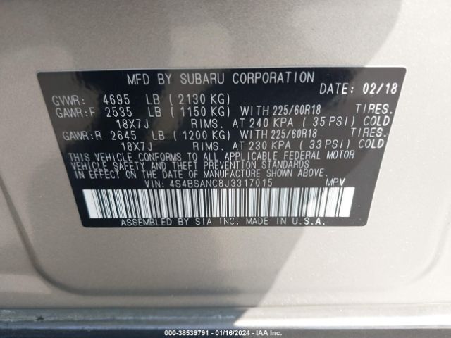 Photo 8 VIN: 4S4BSANC8J3317015 - SUBARU OUTBACK 