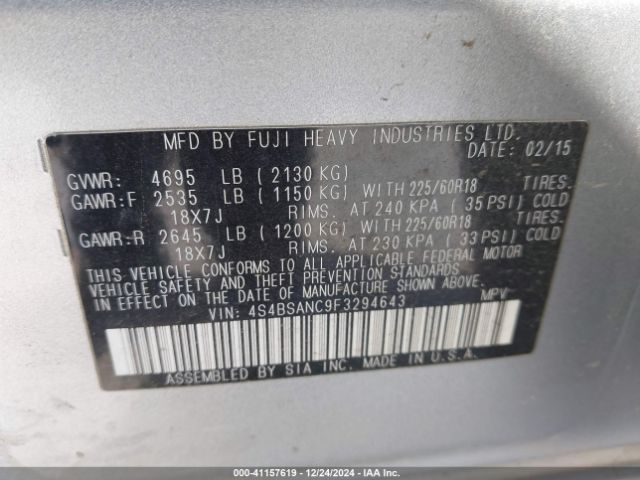 Photo 8 VIN: 4S4BSANC9F3294643 - SUBARU OUTBACK 