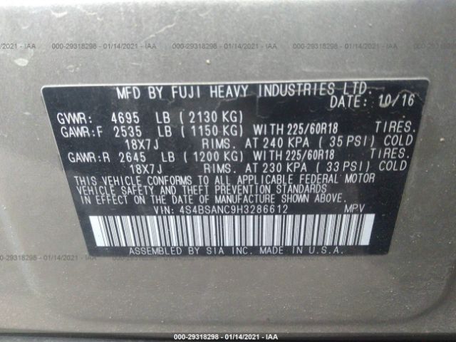 Photo 8 VIN: 4S4BSANC9H3286612 - SUBARU OUTBACK 