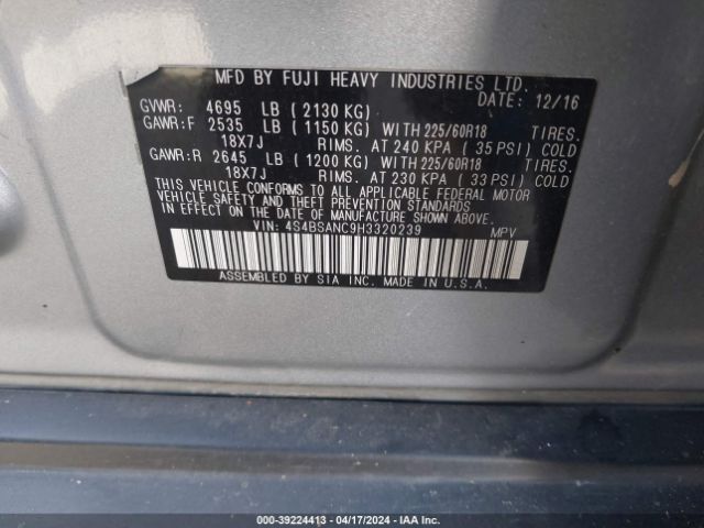 Photo 8 VIN: 4S4BSANC9H3320239 - SUBARU OUTBACK 