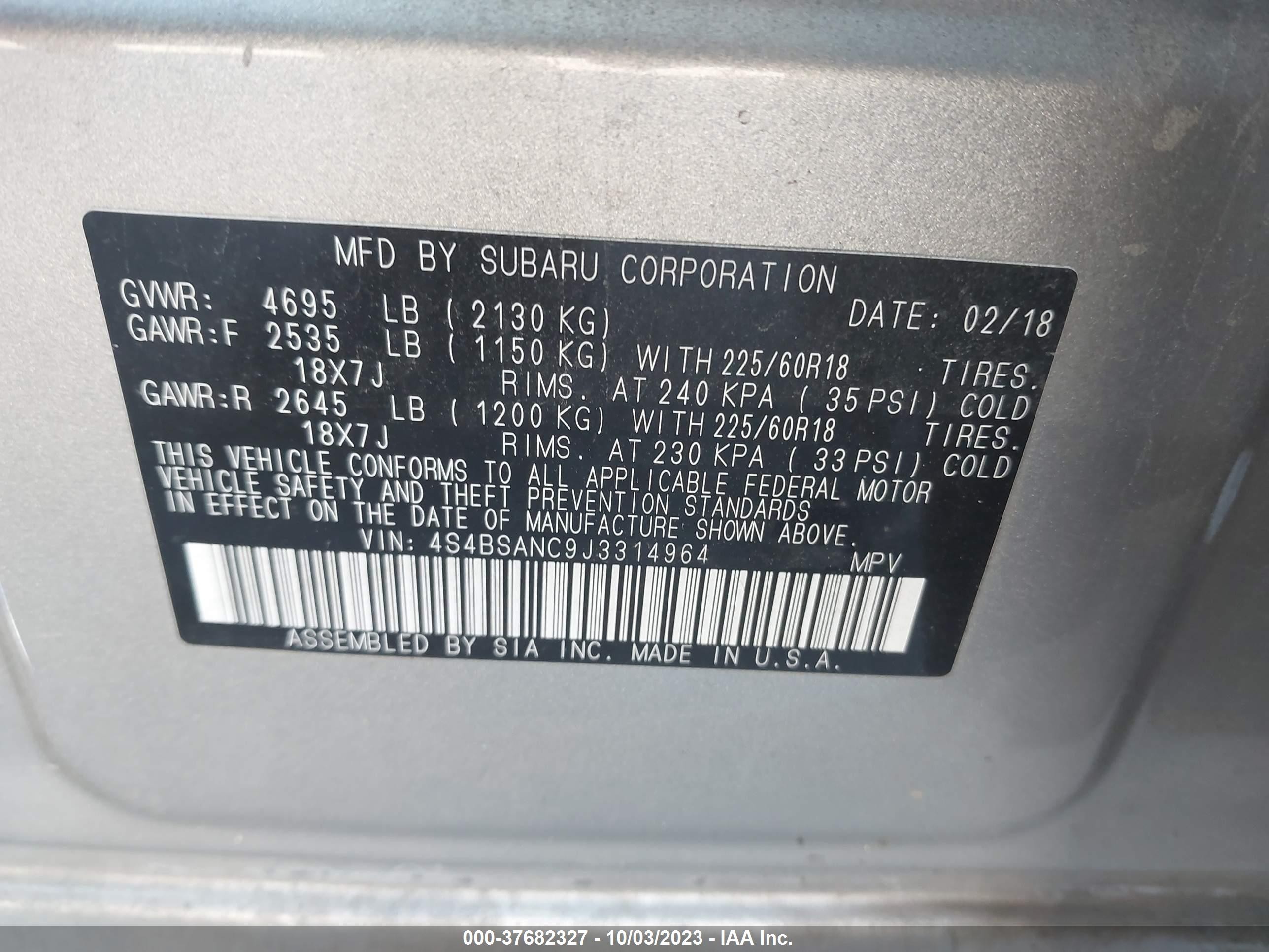 Photo 8 VIN: 4S4BSANC9J3314964 - SUBARU OUTBACK 