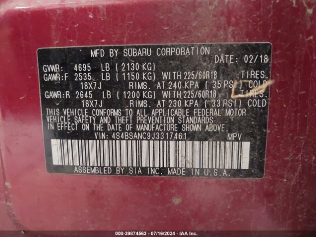 Photo 8 VIN: 4S4BSANC9J3317461 - SUBARU OUTBACK 