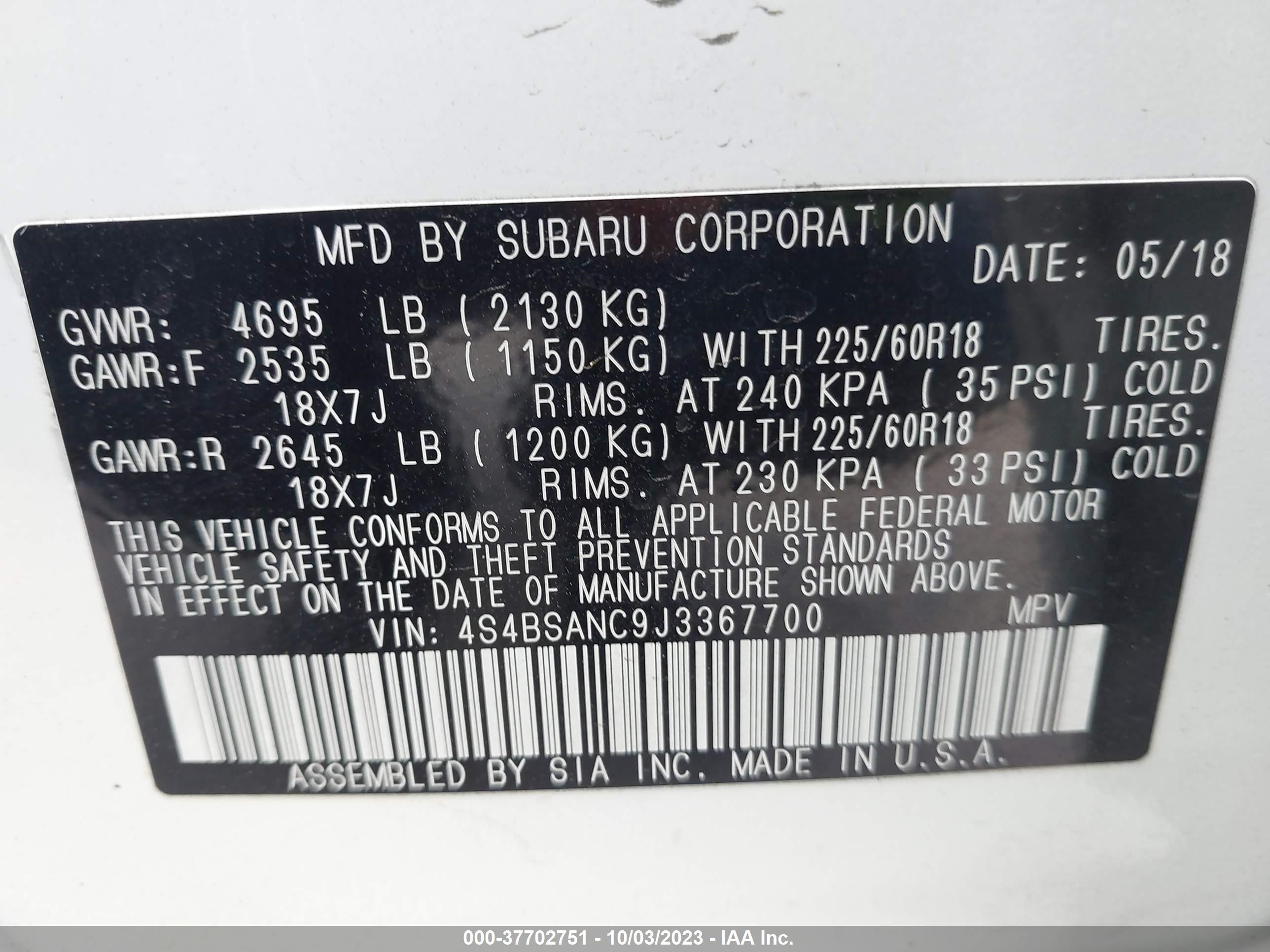 Photo 8 VIN: 4S4BSANC9J3367700 - SUBARU OUTBACK 