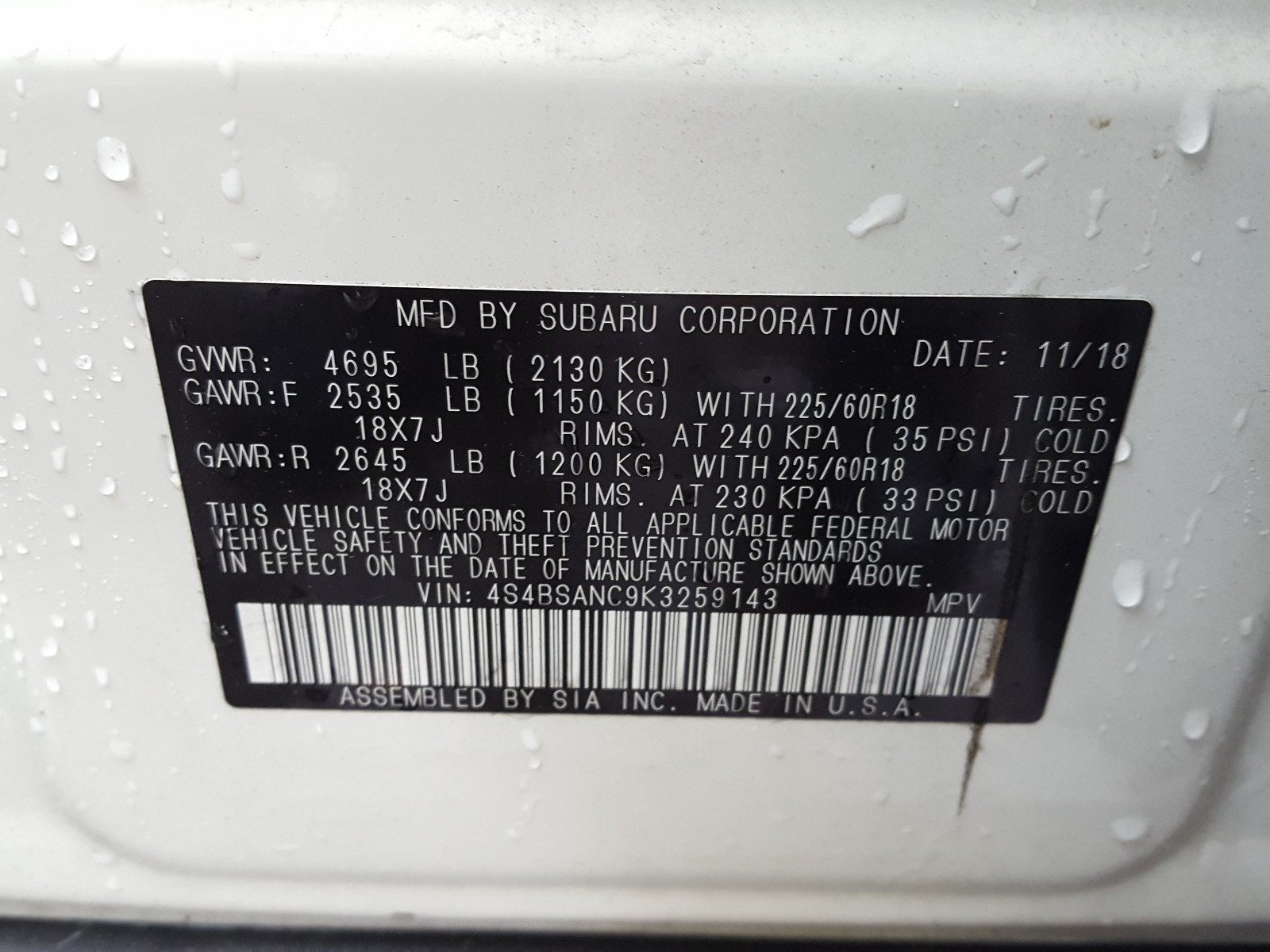 Photo 9 VIN: 4S4BSANC9K3259143 - SUBARU OUTBACK 