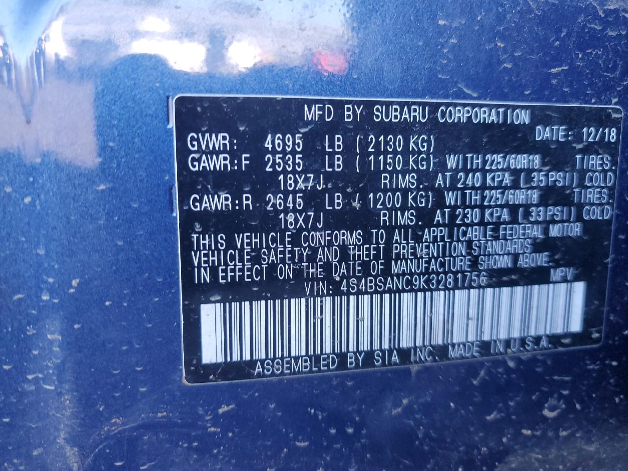 Photo 12 VIN: 4S4BSANC9K3281756 - SUBARU OUTBACK 