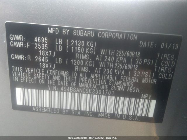 Photo 8 VIN: 4S4BSANC9K3301701 - SUBARU OUTBACK 