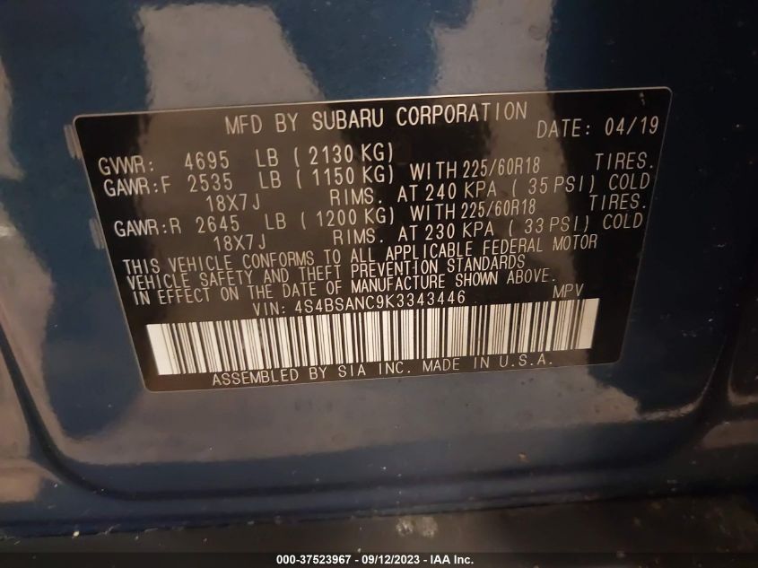 Photo 8 VIN: 4S4BSANC9K3343446 - SUBARU OUTBACK 