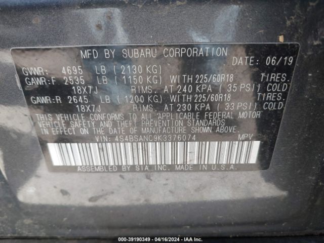 Photo 8 VIN: 4S4BSANC9K3376074 - SUBARU OUTBACK 