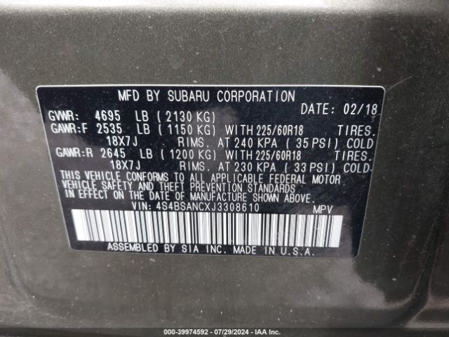 Photo 8 VIN: 4S4BSANCXJ3308610 - SUBARU OUTBACK 