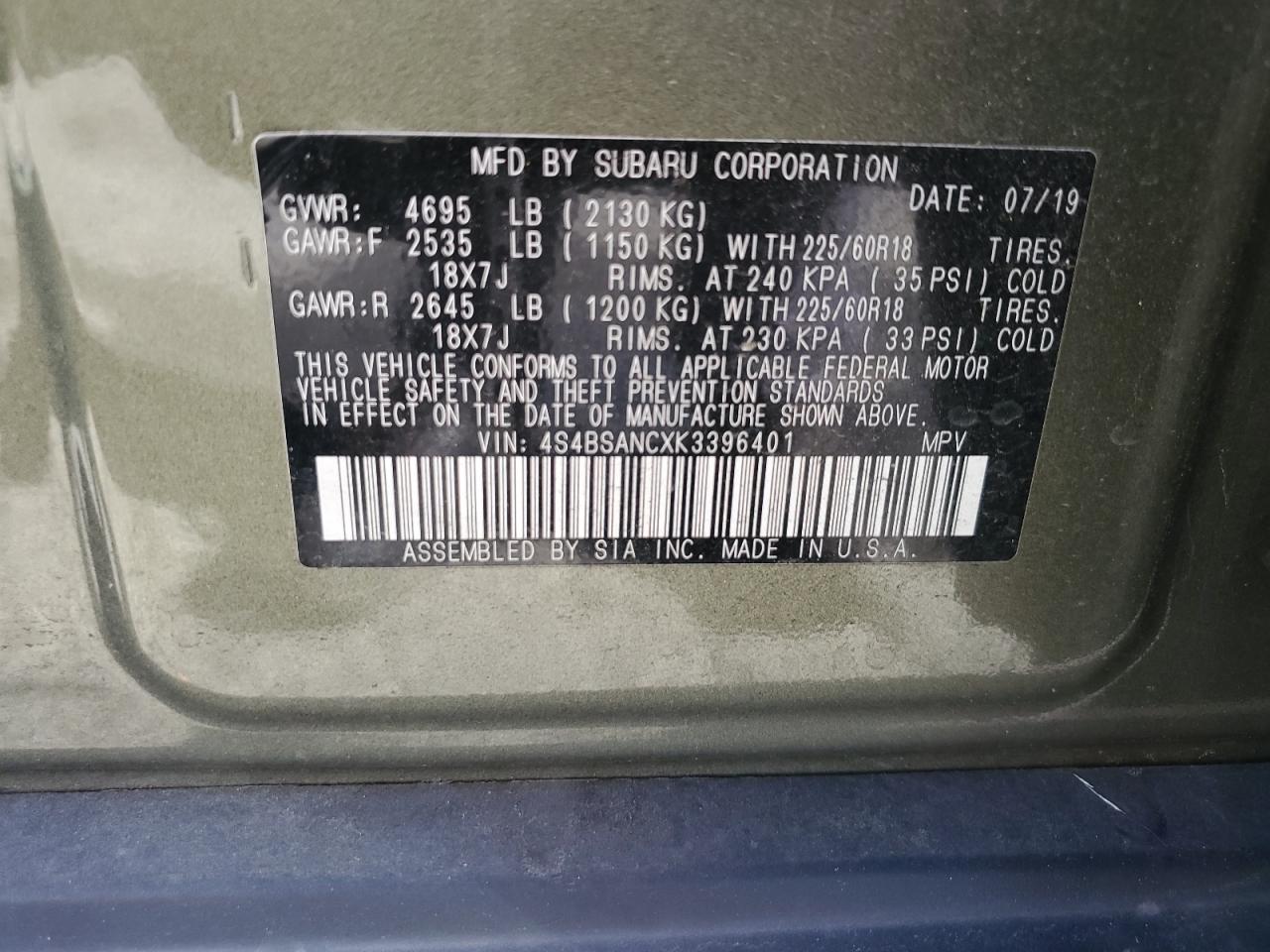 Photo 11 VIN: 4S4BSANCXK3396401 - SUBARU OUTBACK 