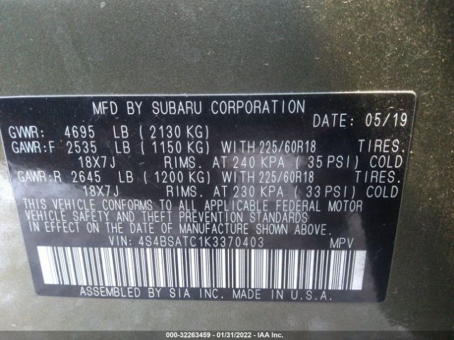 Photo 8 VIN: 4S4BSATC1K3370403 - SUBARU OUTBACK 