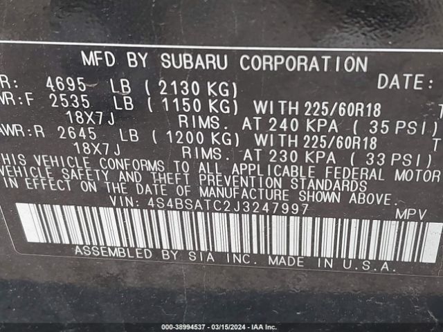 Photo 8 VIN: 4S4BSATC2J3247997 - SUBARU OUTBACK 